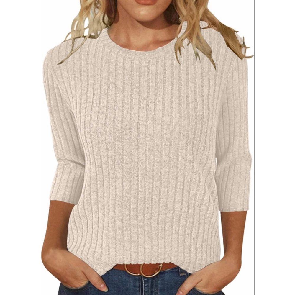 NEW 3/4 Sleeve Round Neck Loose Ribbed Pullover Shirt M